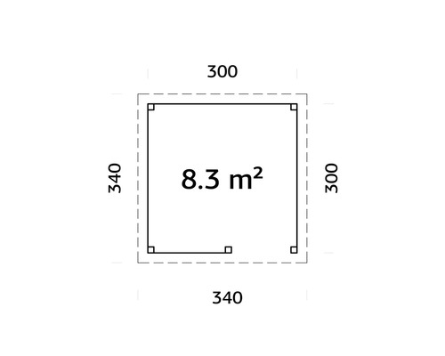 Plan avec des dimensions de 300 sur 340 centimètres et une superficie de 8,3 mètres carrés