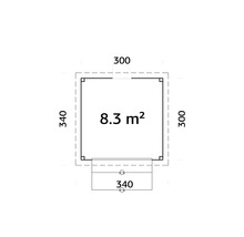 Plan avec indication de surface de 8.3 mètres carrés et longueurs latérales de 300 et 340 centimètres