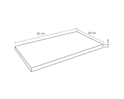 Draufsicht einer Arbeitsplatte mit den Massen 81 cm Länge, 46 cm Breite und 3,5 cm Höhe
