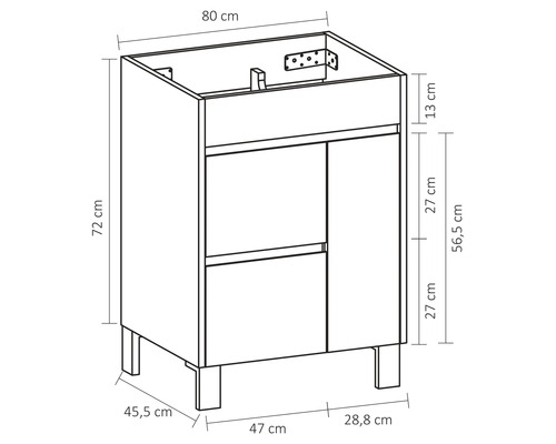Dessin technique d''un meuble sous-lavabo avec dimensions