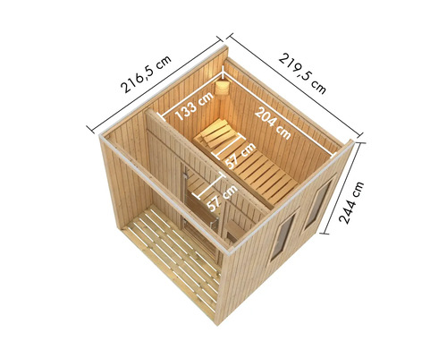 Vue de dessus d''un sauna de jardin avec des dimensions de 216,5 cm x 219,5 cm x 244 cm