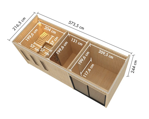 Plan d''une sauna de jardin en bois avec indications de dimensions.