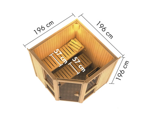 Innenansicht einer Ecksauna mit den Maßen 196 cm x 196 cm und zwei Bänken von je 57 cm Breite.