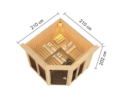 Vue de dessus du sauna d''angle avec des dimensions de 210 cm sur 210 cm sur 202 cm.