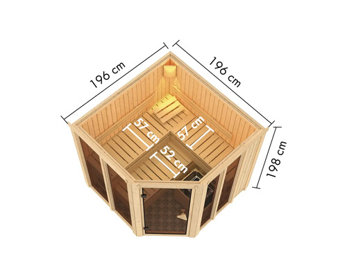 Dimensions d''un sauna d''angle avec porte et fenêtres en verre, longueur latérale de 196 cm et hauteur de 198 cm