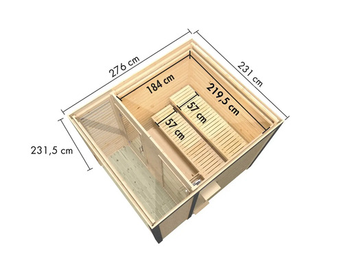 Vue de dessus d''un sauna de jardin en bois mesurant 276 centimètres sur 231,5 centimètres