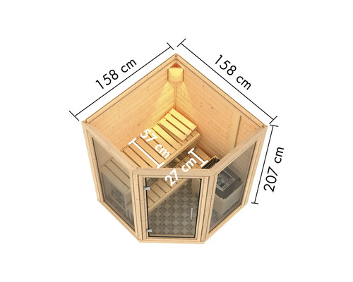 Vue intérieure d''un sauna mesurant 158 x 158 x 207 cm, comprenant des bancs et un poêle.