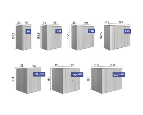 Différentes tailles d''abris de jardin avec dimensions indiquées