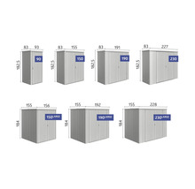 Différentes versions d''une armoire à outils avec indication des dimensions