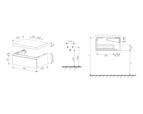 Dessin technique d''un meuble sous-lavabo avec cotes