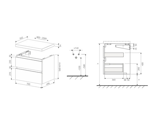 Dessin technique d''un meuble sous-vasque avec indications de dimensions