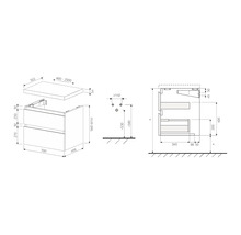 Schéma technique d''un meuble sous-lavabo avec dimensions