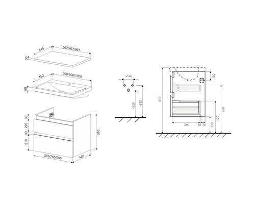Schéma technique d''un meuble sous-lavabo avec dimensions
