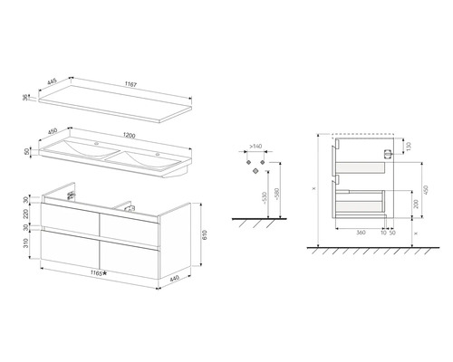 Dessin technique d''un meuble sous-lavabo avec double vasque et dimensions