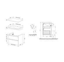 Schéma technique d''un meuble sous-lavabo avec lavabo et dimensions