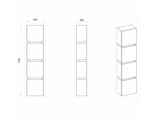 Dessin technique d''une haute armoire de salle de bains avec quatre compartiments et les dimensions 1700 x 400 x 260 millimètres.