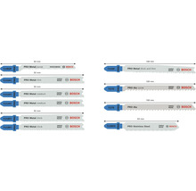 Différentes lames de scie sauteuse Bosch pour métal, aluminium et acier inoxydable avec différentes dentures et longueurs.