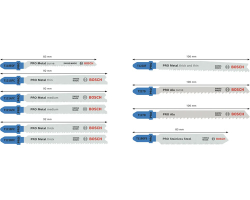 Différentes lames de scie sauteuse Bosch pour métal, aluminium et acier inoxydable avec différentes dentures et longueurs.