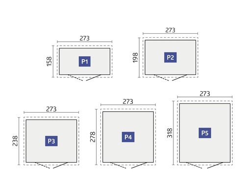 Plans de différents formats de cabanes de jardin avec dimensions