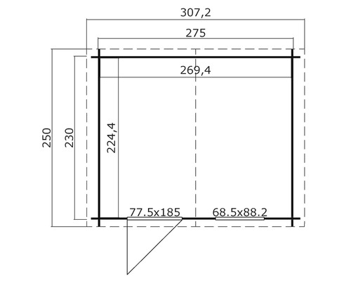 Grundrisszeichnung eines Gartenhauses mit Maßangaben