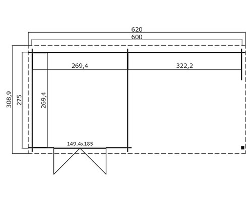 Grundriss eines Gartenhauses mit Maßangaben