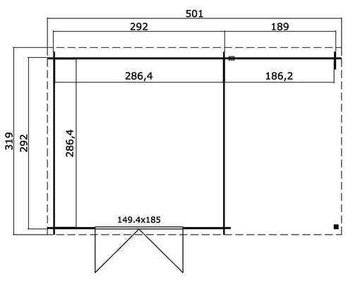 Grundrisszeichnung mit Maßangaben für ein Gartenhaus