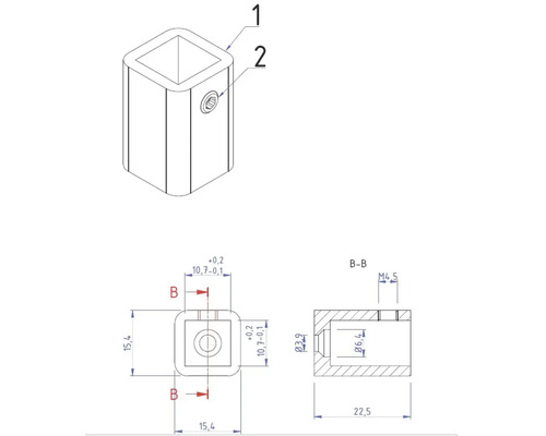 Dessin technique d''un connecteur de tube carré avec dimensions