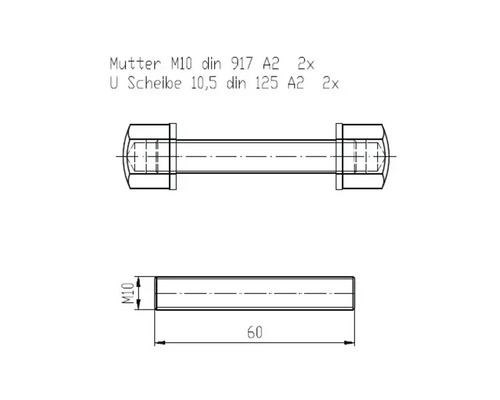 Technische Zeichnung einer M10 Schraube mit Mutter und Unterlegscheibe
