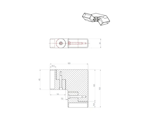 Technische Zeichnung eines Eckverbinders mit Maßangaben