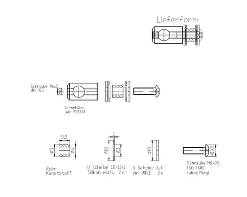 Technische Zeichnung von Rohr, Schrauben und Scheiben mit Massangaben