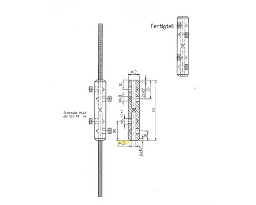 Technische Zeichnung eines Bauteils mit Maßangaben und Schraube M6x4.