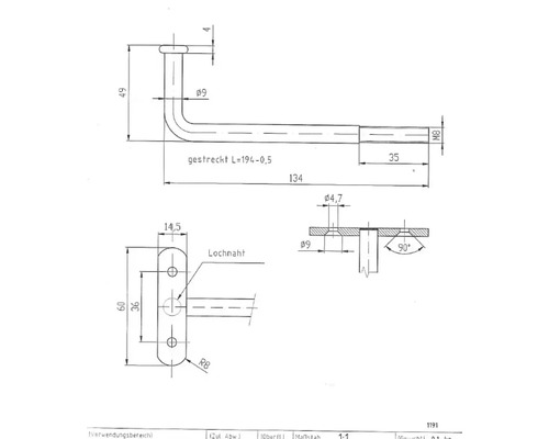 Technische Zeichnung eines Griffs mit Massangaben