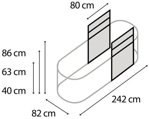 Dessin technique d''un lavabo double avec des dimensions de 242 centimètres de long, 82 centimètres de large et 86 centimètres de haut