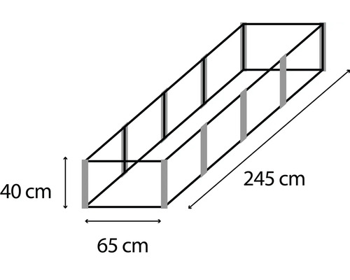 Schéma d''une construction de table de plantation avec des dimensions de 245 cm de longueur, 65 cm de largeur et 40 cm de hauteur.