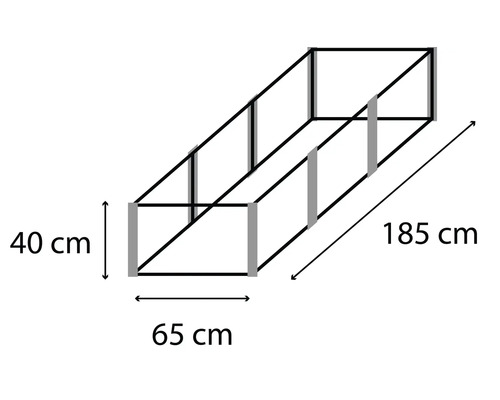 Illustration d''un potager surélevé mesurant 40 cm de hauteur, 65 cm de largeur et 185 cm de longueur.
