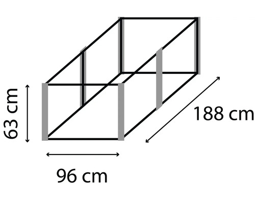 Schéma coté du produit avec les dimensions 63 cm, 96 cm et 188 cm