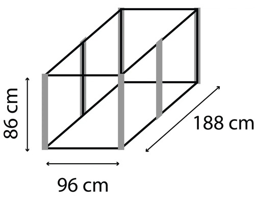 Dimensions d''une étagère: 86 centimètres de haut, 96 centimètres de large et 188 centimètres de profondeur.