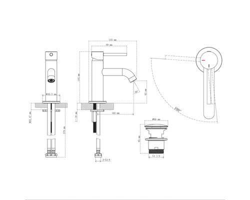 Dessin technique d''un robinet de lavabo avec indication des dimensions
