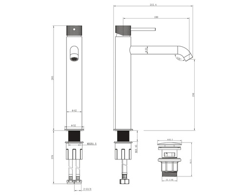 Dessin technique d''un robinet avec les dimensions.