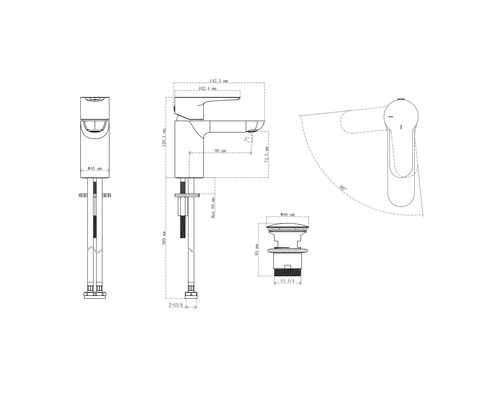 Schéma technique d''un robinet de lavabo avec dimensions.