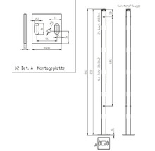 Dessin technique d''une plaque de montage et d''un tube carré avec capuchon en plastique et indications de dimension