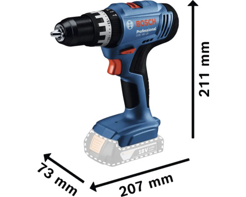 Bosch Professional Akku-Schlagbohrschrauber mit den Maßen 211 x 207 x 73 Millimeter