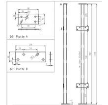 Dessin technique avec les dimensions de la plaque A, de la plaque B et d''un tube carré