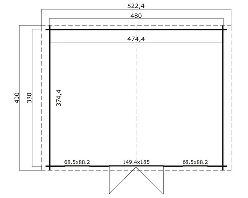 Grundrisszeichnung eines Gartenhauses mit Maßangaben.