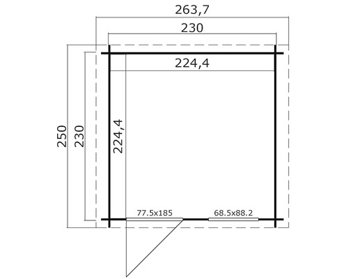 Technische Zeichnung eines Gartenhauses mit Maßangaben