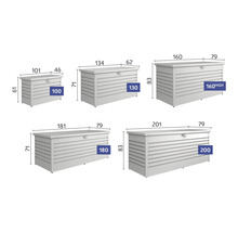 Différentes tailles de coffres de rangement avec dimensions