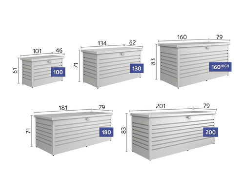 Illustration de différentes tailles d''un coffre de rangement extérieur avec indications de taille