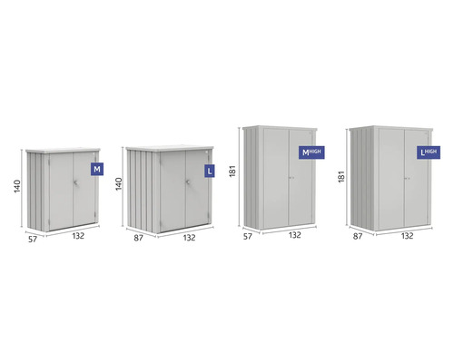 Image de différentes armoires à outils de tailles M, L, M Haute et L Haute avec dimensions