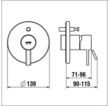 Technische Zeichnung einer Waschtischarmatur mit Massangaben