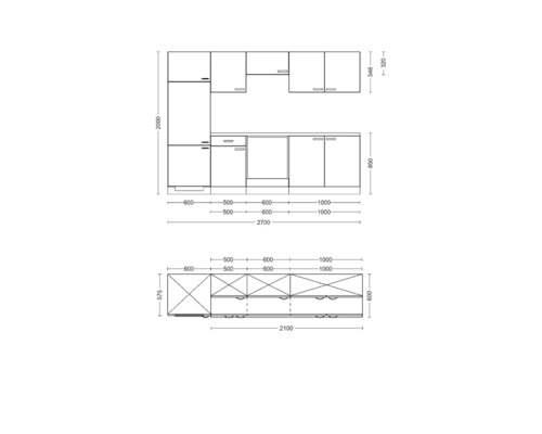 Dessin technique d''une cuisine équipée avec dimensions.